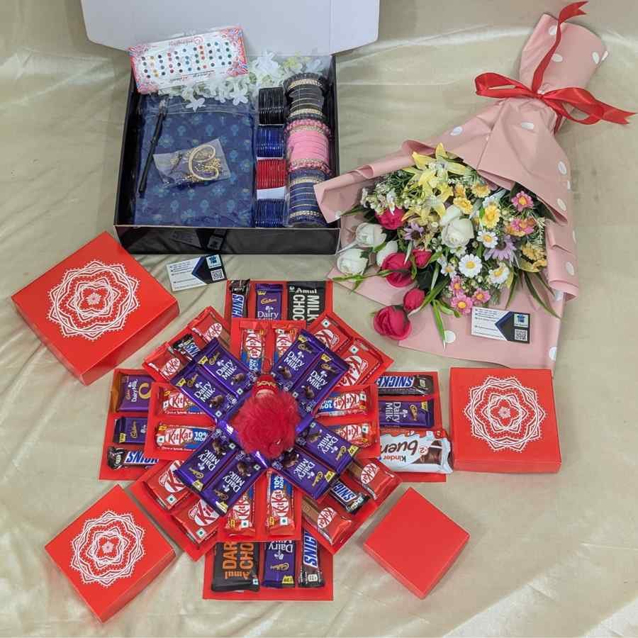 luxury_gift_combo_square_80kb Premium Chocolate Explosion Box with Saree & Artificial Flowers - Image 1
