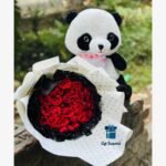 Cute Panda Teddy with Fresh Rose Bouquet